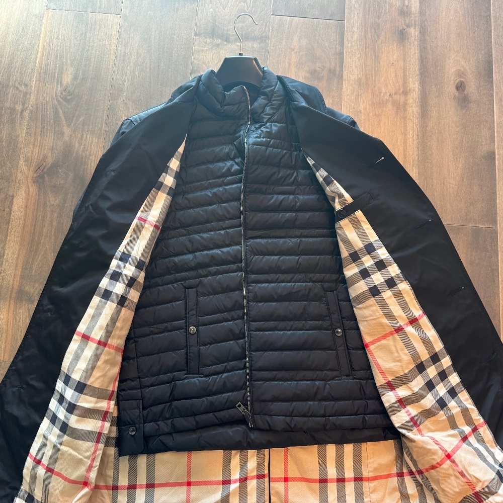 New Men's Black Burberry Trench Coat with Puffer Vest. Size 56 (US Size 46).
